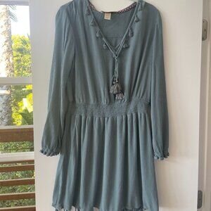 Davina Spring Dress Fringe Tassel Blue Green Knee Length Long Sleeve, Size Large